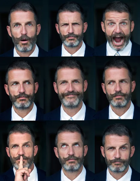 Portrait of man multiple face expressions composite — 스톡 사진