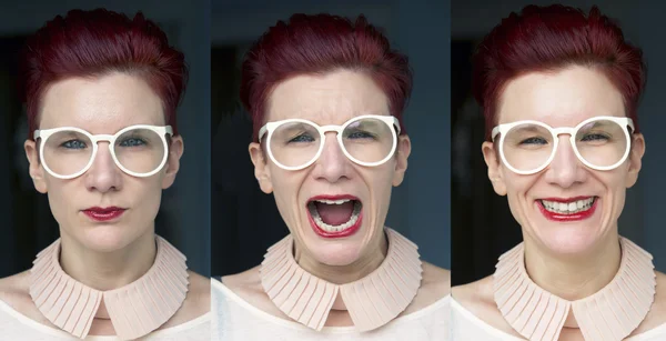 Drie verschillende gezichtsuitdrukkingen van roodharige vrouw Stockfoto