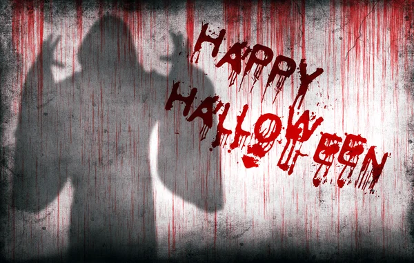 Happy Halloween gespoten op muur volgende spookachtige schaduw — Stockfoto