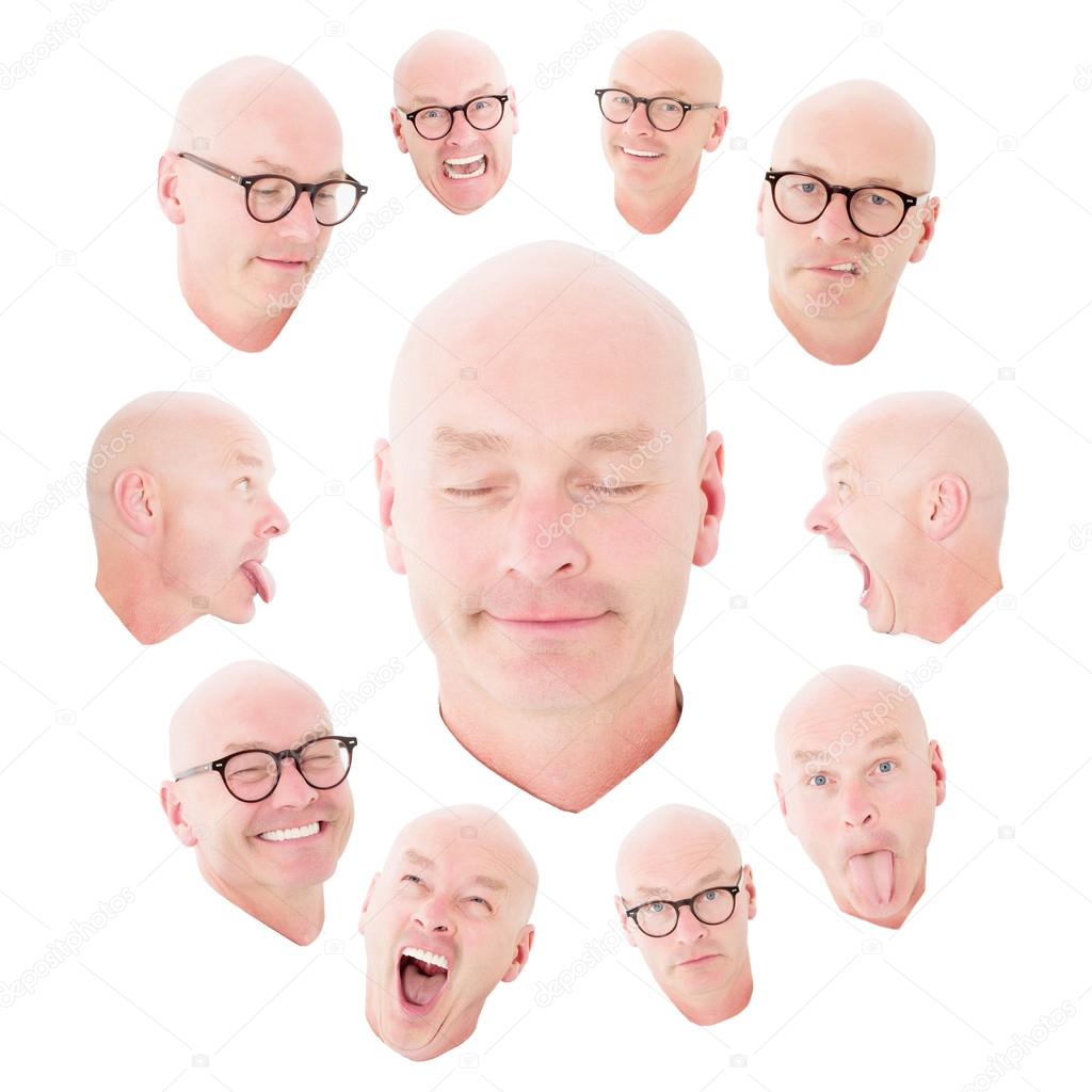 multiple faces of a bald man