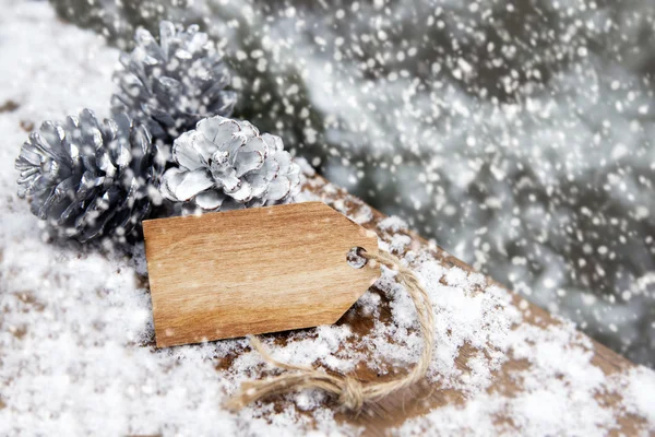 Holzanhänger mit Tannenzapfen im Schnee — Stockfoto