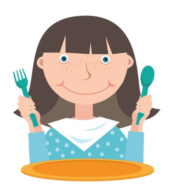 Elinde çatal ve kaşıkla boş bir tabağın önünde yemek bekleyen bir kız. Beyaz arkaplan