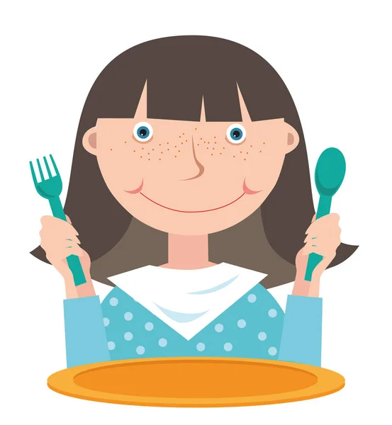 Chica Con Una Cuchara Tenedor Las Manos Delante Plato Vacío — Archivo Imágenes Vectoriales