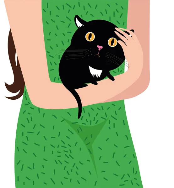 Pequeno Gatinho Preto Nos Braços Uma Mulher — Vetor de Stock