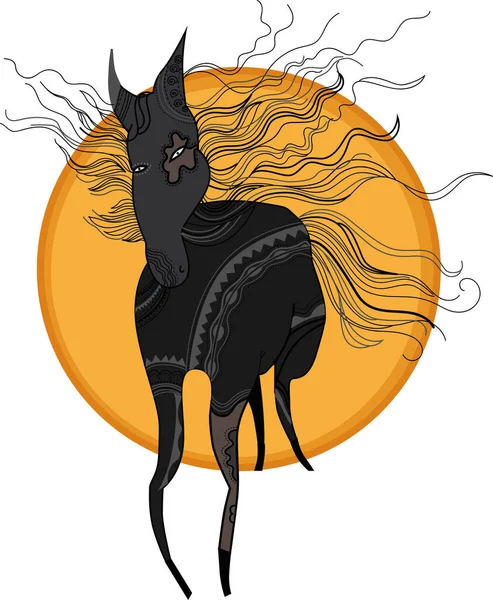 Stylized Silhouette Black Horse Background Sun — Stock Vector