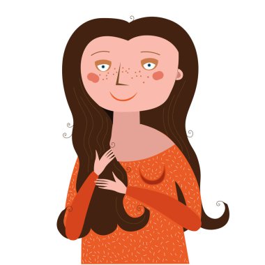 Beyaz bir arka planda gür dalgalı saçları olan güzel bir kız.