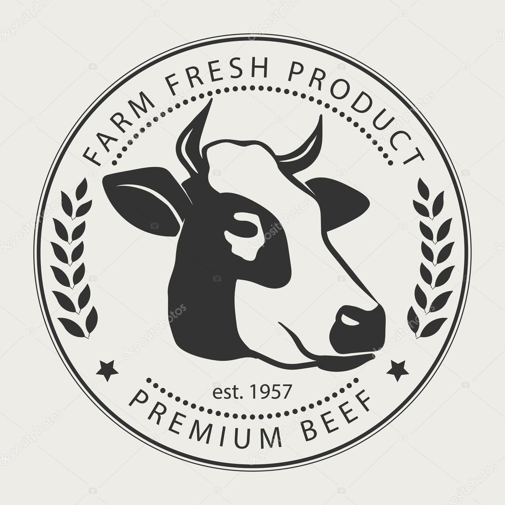 Butcher shop sign with silhouette of cow, premium beef label,  typographic  badge and design element