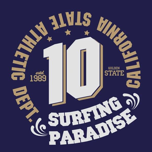 Sörf tişörtü grafik baskı tasarımı. Kaliforniya sörfçüleri tipografi giyerler — Stok Vektör