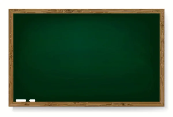 Reális zöld tábla fa kerettel, üres iskolai krétával az osztályteremben, vektor — Stock Vector