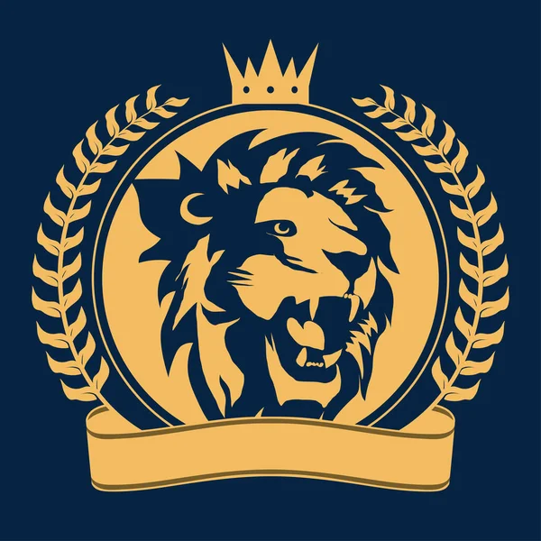 Cabeça de leão com sinal de coroa, ícone de perfil de gato real. Vetor —  Vetores de Stock