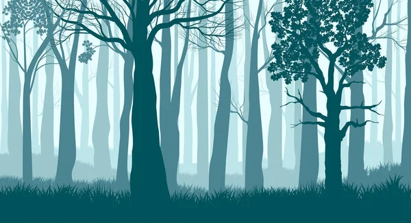 Foggy forest. Silhouettes d'arbres dans la forêt brumeuse. Paysage bleu foncé. Vecteur — Image vectorielle
