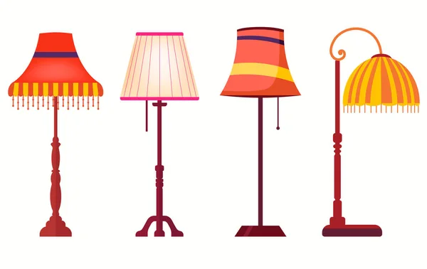 Abat-jour sur de longs pieds. Ensemble de lampes. Torcheres de table. Décor vectoriel — Image vectorielle