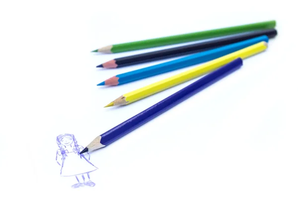 Малюнок і кольорові олівці на білому — стокове фото