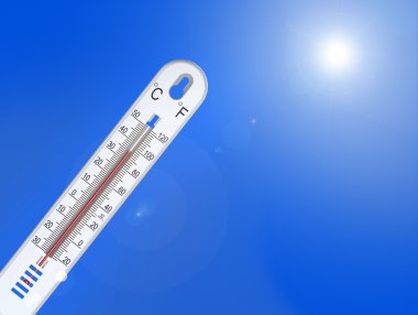 yaz sıcağında, termometre ve gökyüzünde güneş