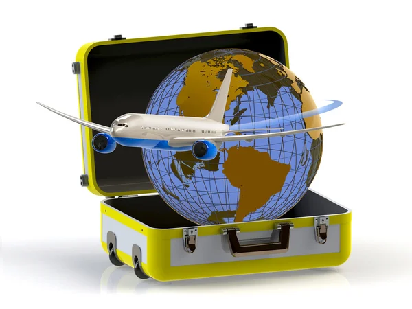 Resa. Resväska, globe och flygplan — Stockfoto