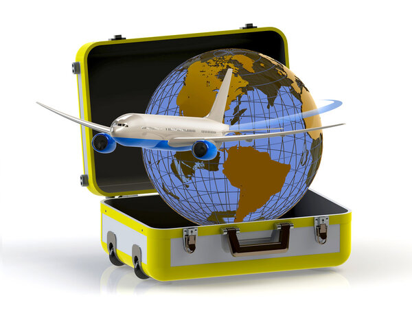 Travel. Suitcase, globe and aircraft 