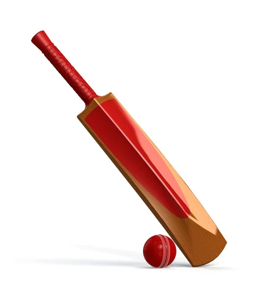 Red cricket ball and bat — Stock Photo, Image