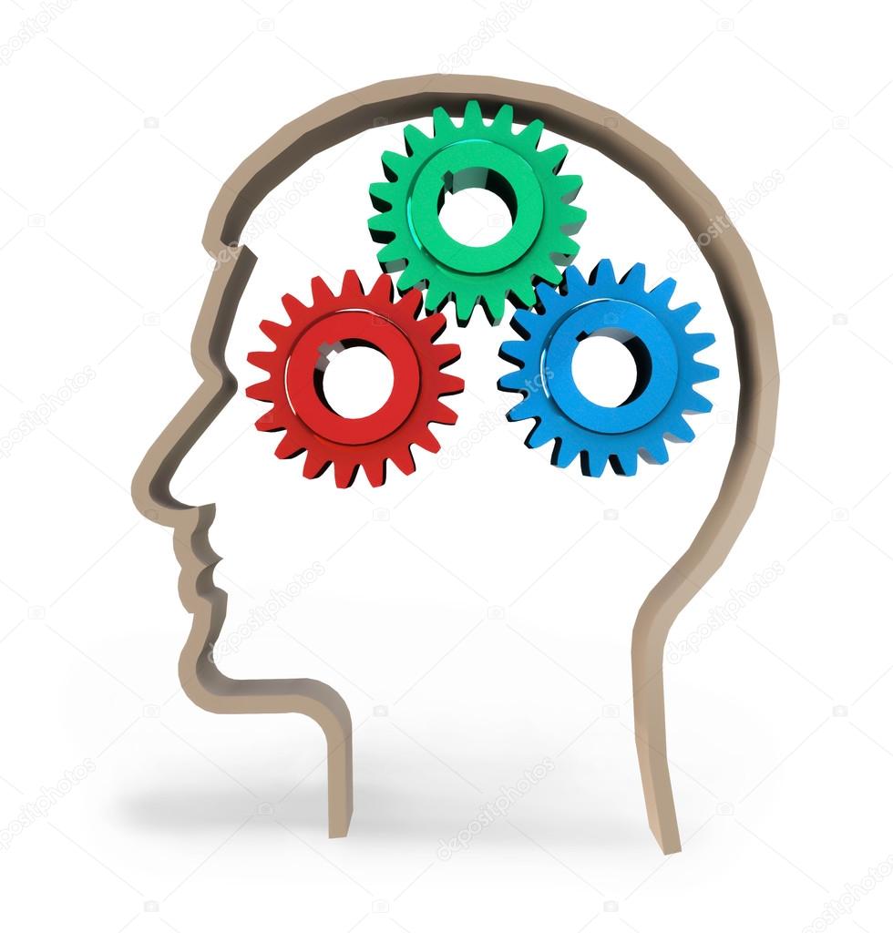 Thinking, intelligence, problems,  gears in head. 
