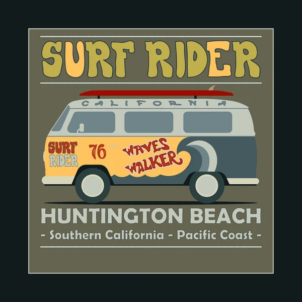 Surf t-shirt design gráfico. Vintage Retro Surf BUS. Huntingt — Vetor de Stock