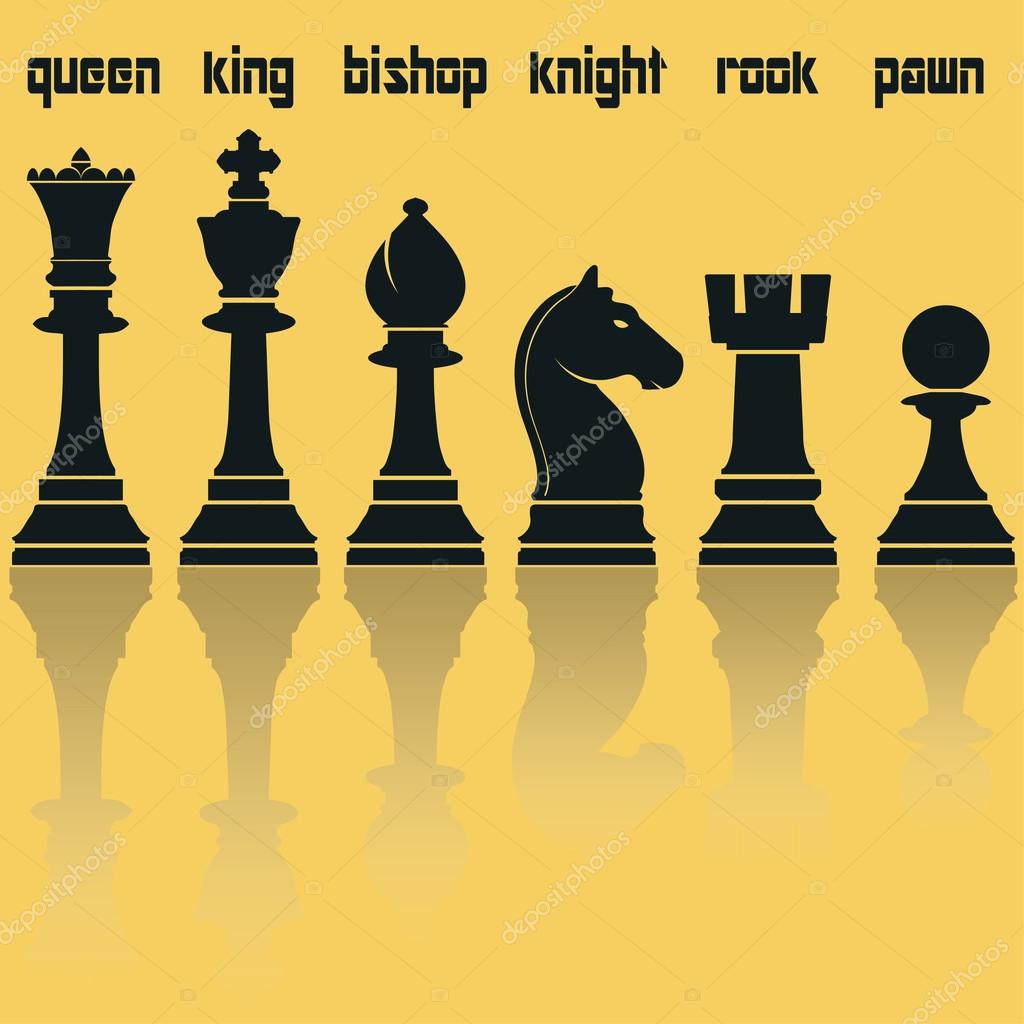 Chess Pieces Silhouettes with Reflection. Queen, King, Bishop, Knight, Rook, Pawn. Vector illustration