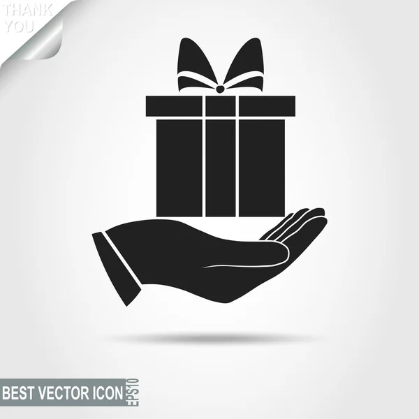 Geschenk-Box auf Hand Piktogramm, Symbol, Überraschungsschild, Geburtstagspräse — Stockvektor
