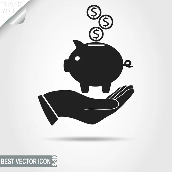 Higgy Bank con monedas en la mano humana - icono de vector — Vector de stock