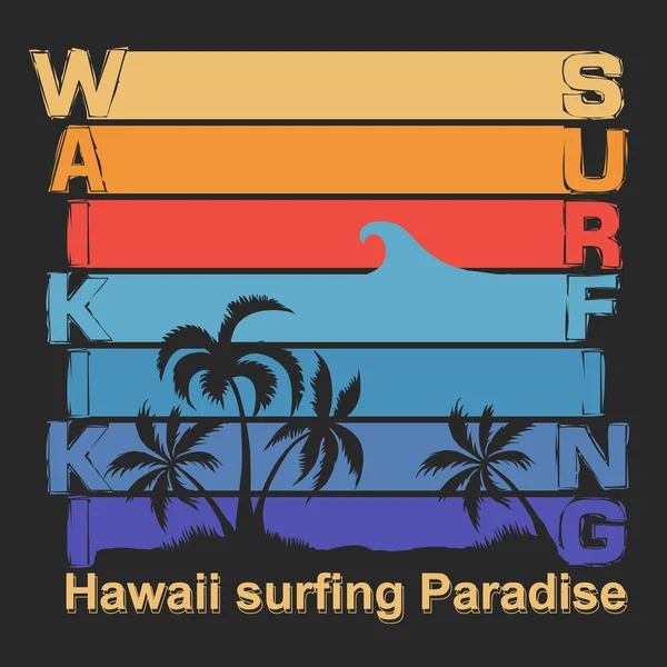 Surf t-shirt design gráfico. Praia de Waikiki Havaí Honolulu Su — Vetor de Stock