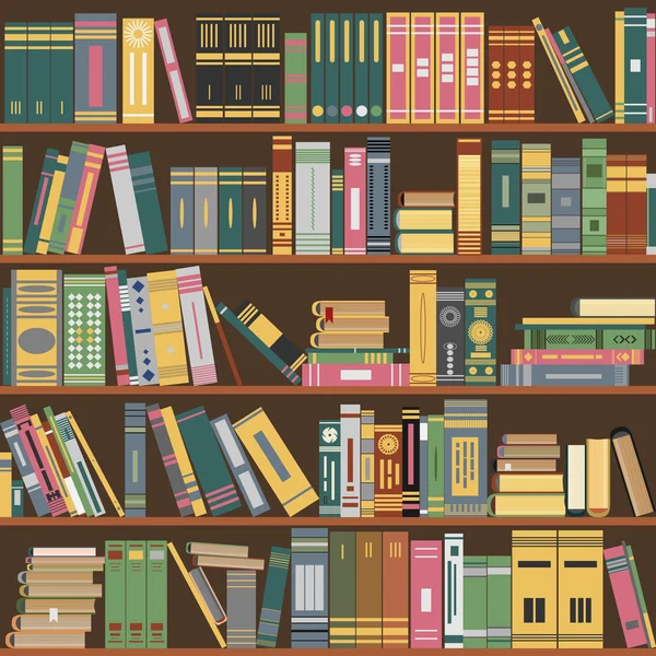 Estantería, libros en estanterías en la biblioteca — Vector de stock