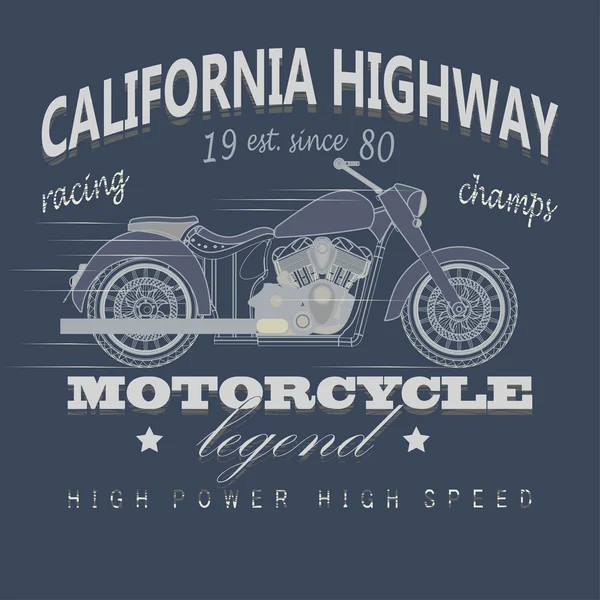 Мотоцикл гоночної шосе типографіки, штат Каліфорнія. Футболці дизайну — стоковий вектор
