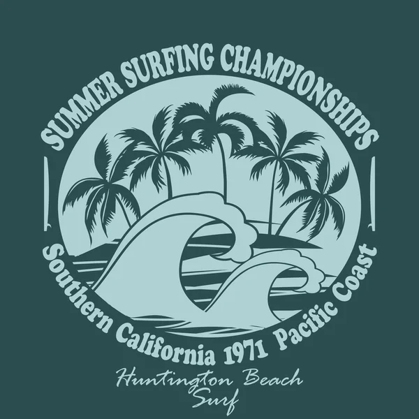 Surfer tragen Typografie Emblem Huntington Beach - Vektor Illustration — Stockvektor