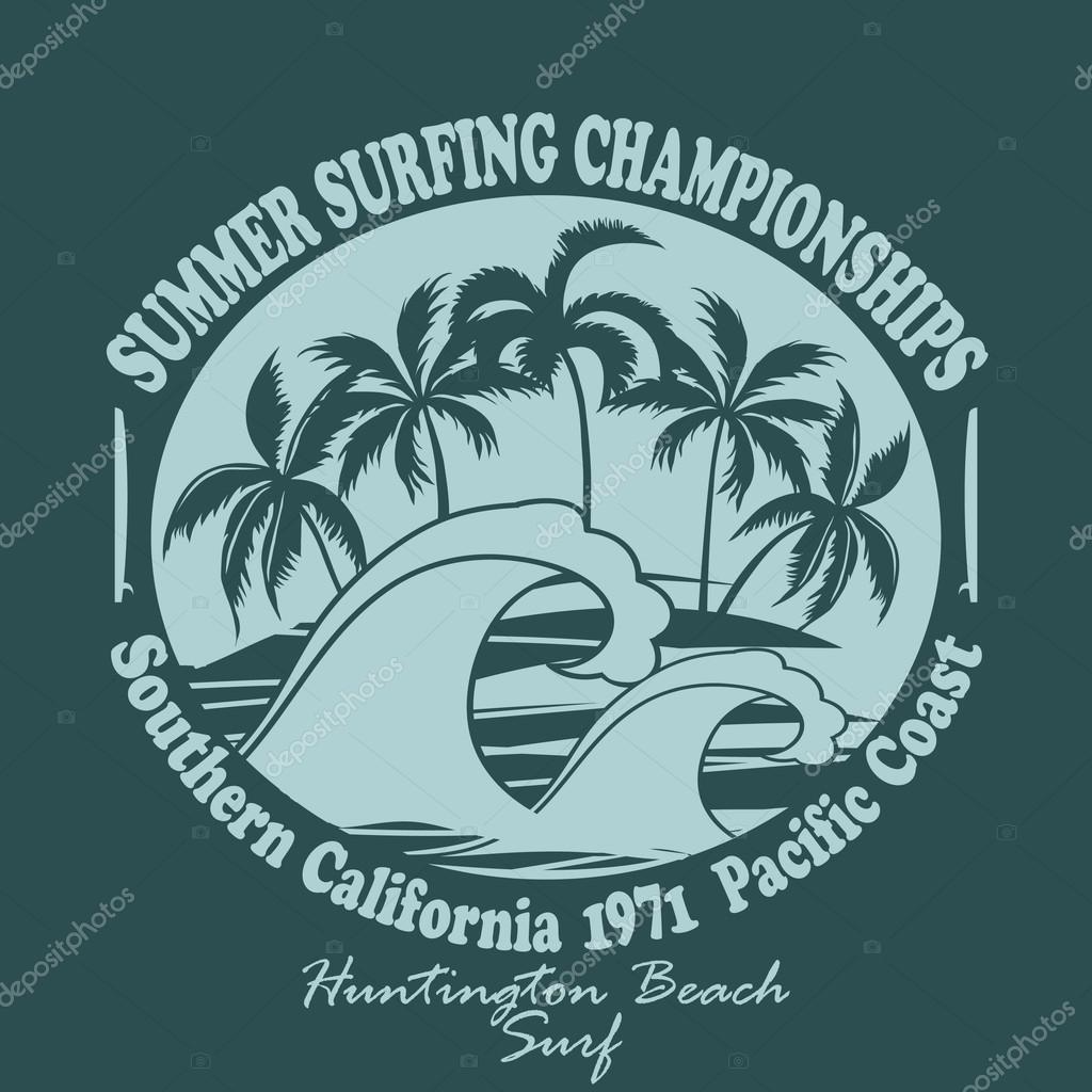 Surfing t-shirt graphic design. Huntington Beach world surfing championship. Pacific Coast California, Surfboard, surfers wear typography emblem, Palm trees on the Beach. Silhouette. Creative design. Vector template concept