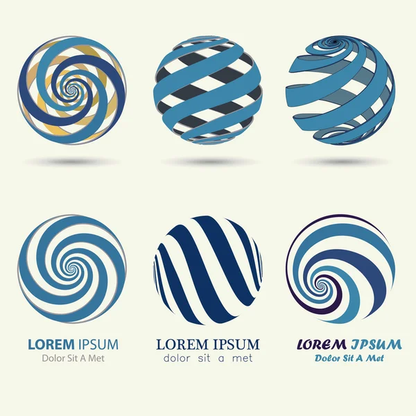 Logo sfera blu, simbolo vortice, palla a spirale — Vettoriale Stock