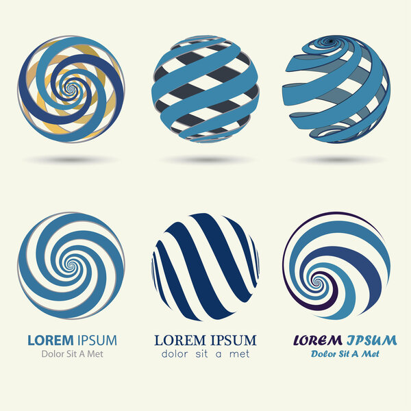 blue sphere logo, swirl symbol, spiral ball