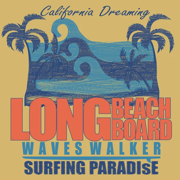 Long Beach surfing t-shirt grafisk design — Stock vektor