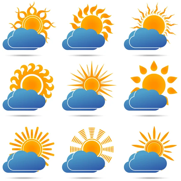 ชุดไอคอนดวงอาทิตย์และเมฆ ภาพเวกเตอร์ — ภาพเวกเตอร์สต็อก