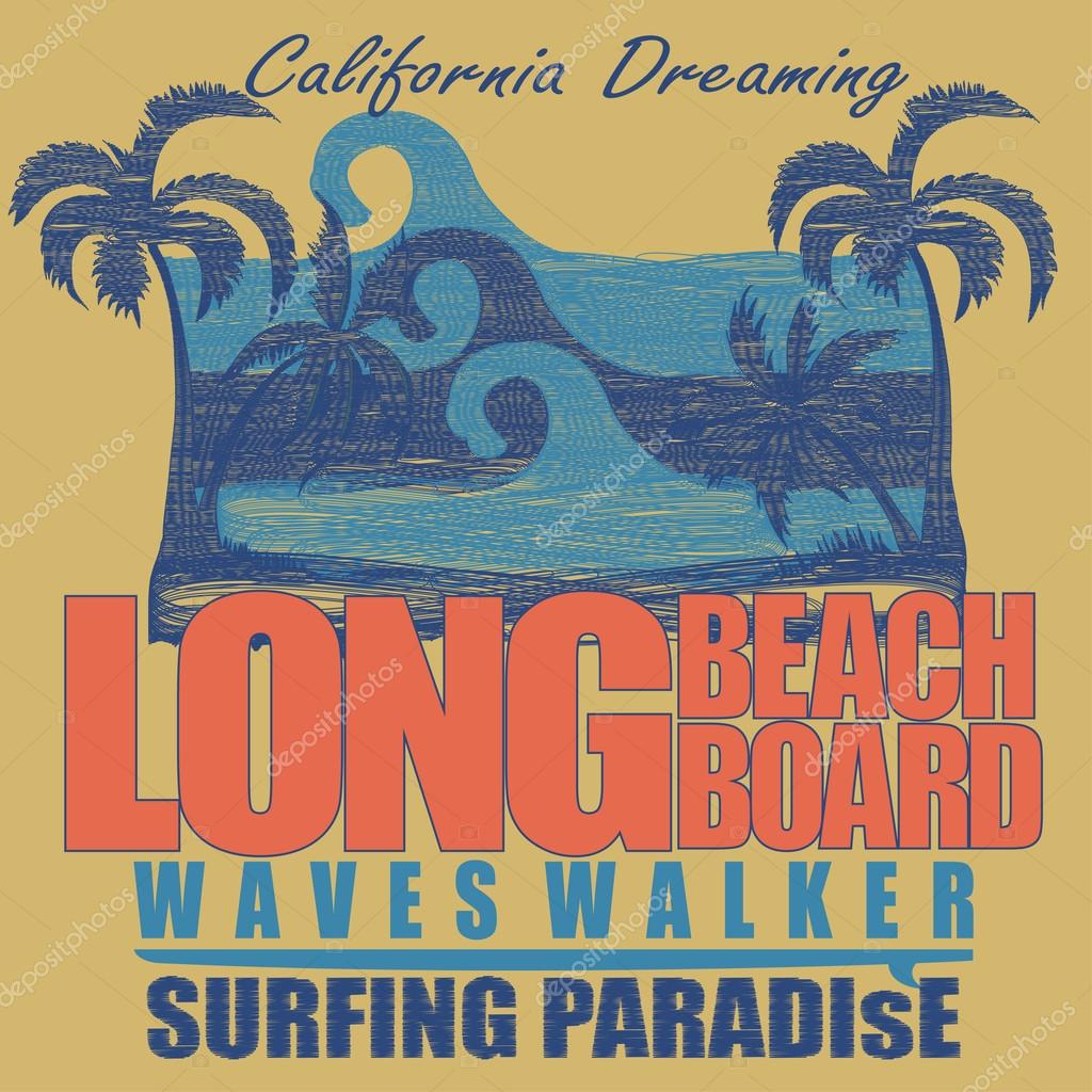 Surfing t-shirt graphic design. Long Beach surfing paradise.California surfers wear typography emblem, Palm trees on the Beach. Silhouette. Creative design. Vector template concept