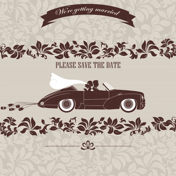 Pozvánka na svatbu, nevěsta a ženich v autě — Stockový vektor