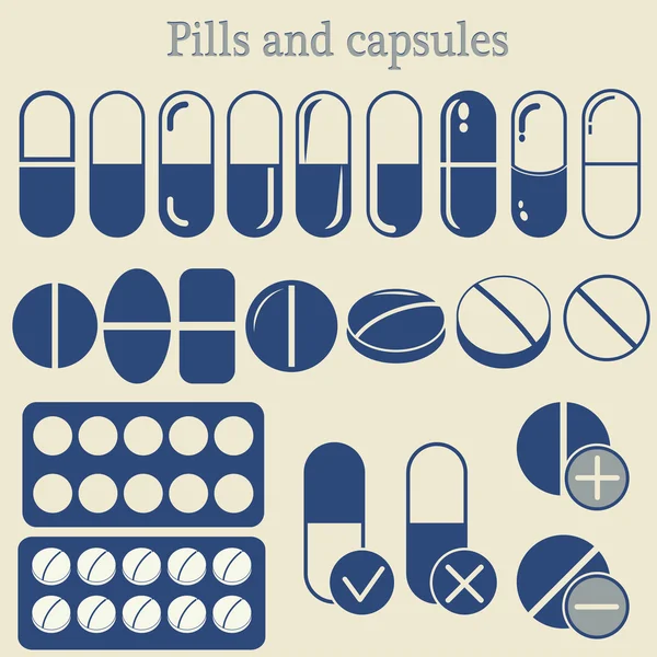 Cápsulas y píldora icono conjunto — Archivo Imágenes Vectoriales