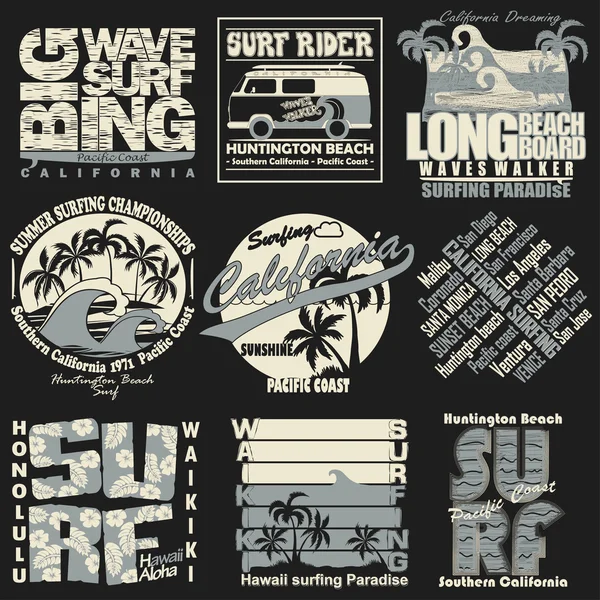 Surf camiseta gráfico conjunto — Vector de stock