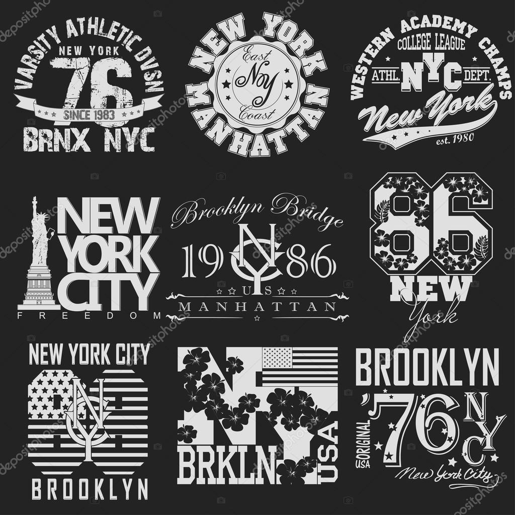 New York City Typography Graphics logo set, T-shirt Printing Design, NYC original wear, Vintage Print for sportswear apparel - vector illustration