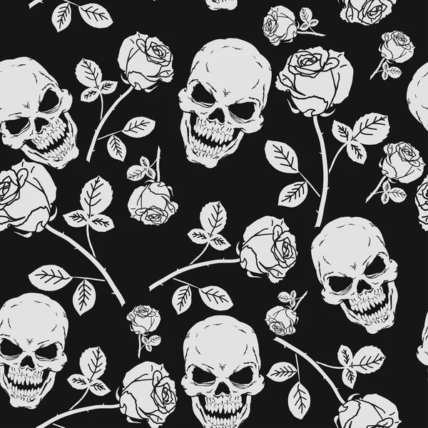 Roses and Skulls Seamless Pattern — Stock Vector