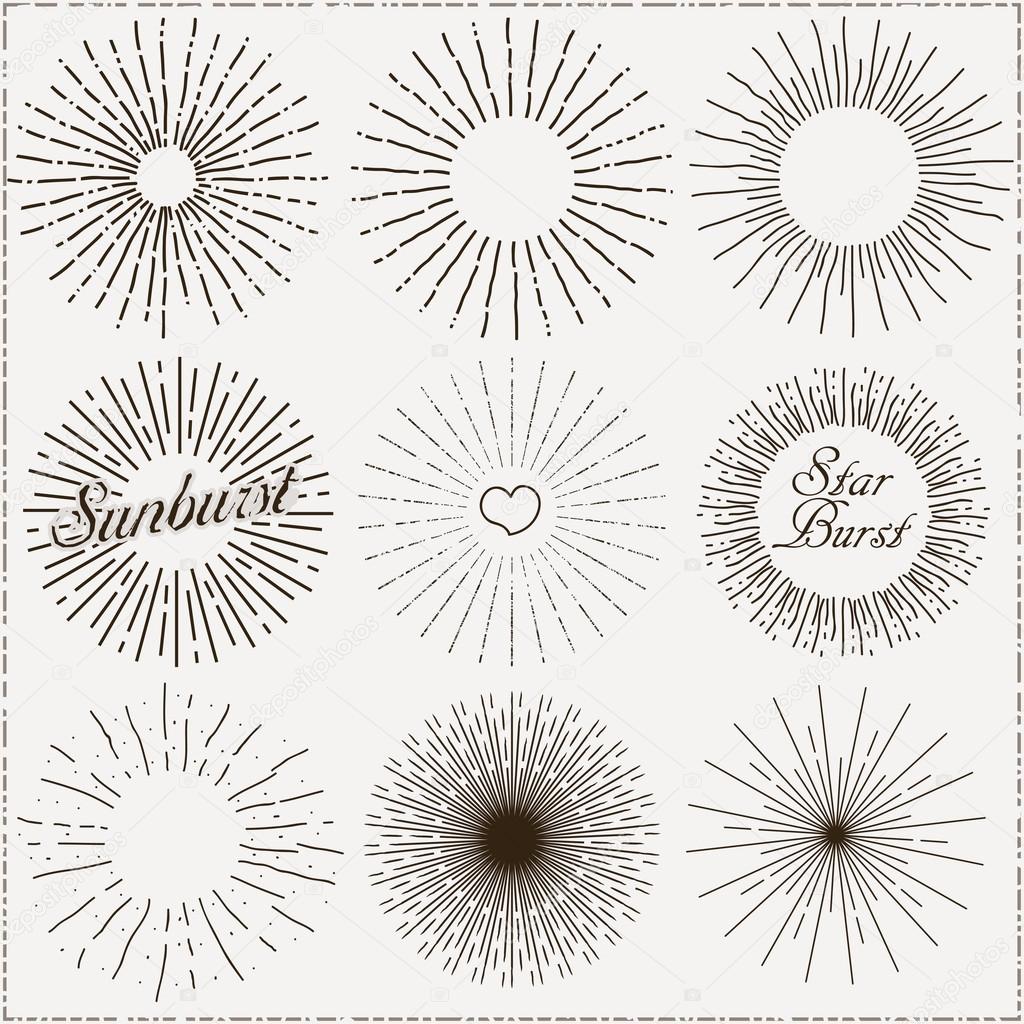 Sunburst Hand-Drawn Shapes, Vintage Light Rays Vector Set