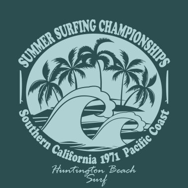 Sörfçü tipografi amblemi Huntington Beach-illustra giyim