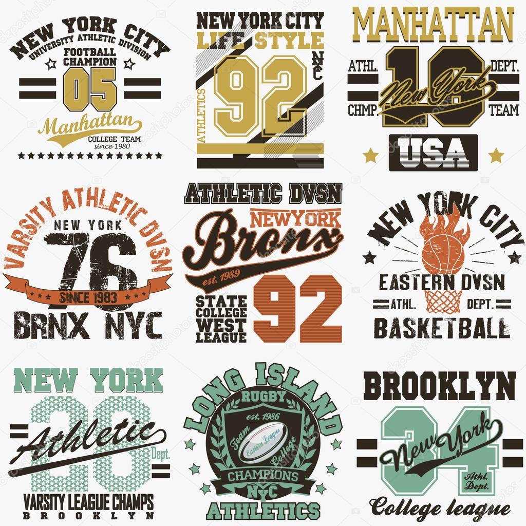 New York City Typography Graphics logo set, T-shirt Printing Design. NYC original wear, Vintage Print for sportswear apparel - vector illustration