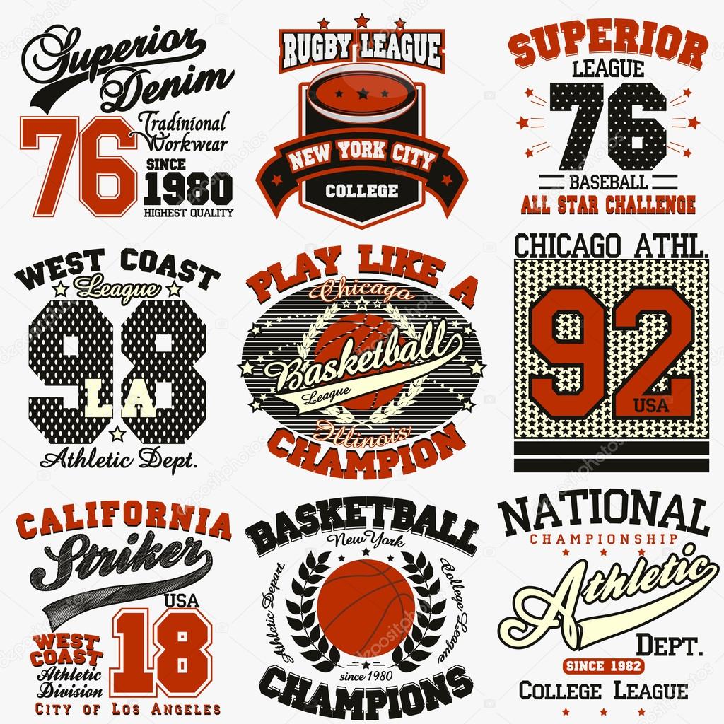 Sport Typography Graphics logo set, T-shirt Printing Design. Athletic original wear, Vintage Print for sportswear apparel