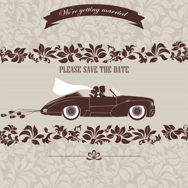 Wedding invitation, the bride and groom in car — Stock Photo, Image