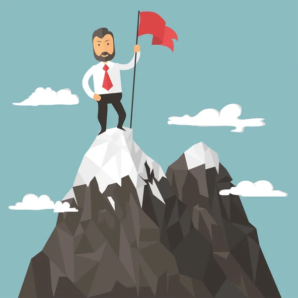 Businessman with flag on a Mountain peak, success — Stock Vector