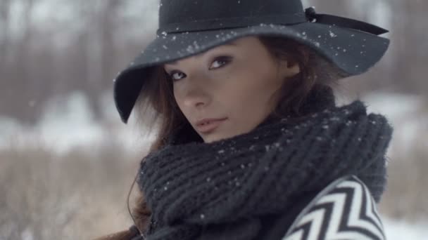 冬の景色に若い美しいモデルポーズ. — ストック動画