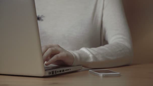 Primer plano de una mujer con las manos ocupadas escribiendo en un portátil . — Vídeos de Stock