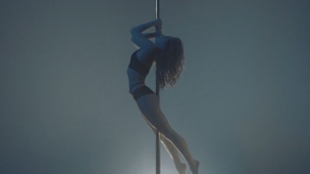 Junge schlanke sexy blonde Pole Dance-Frau beim Training im Studio. — Stockvideo